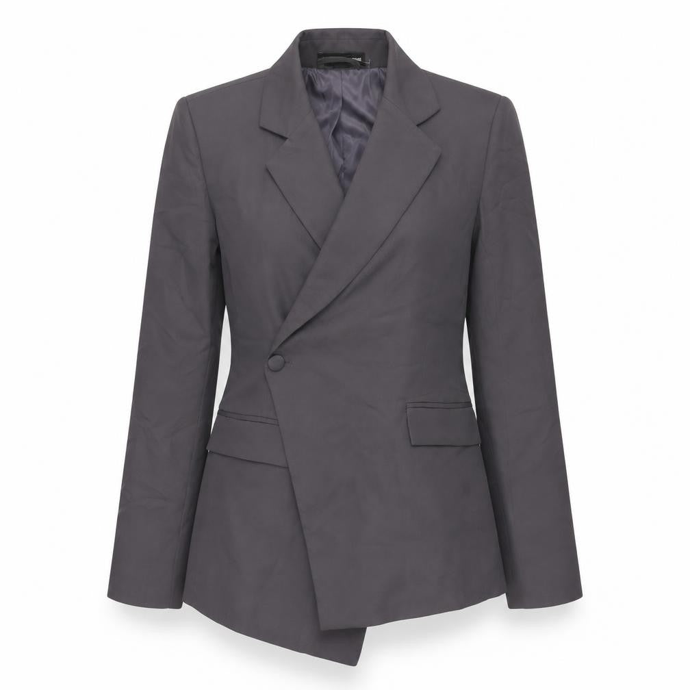 Front view of PRETTYLITTLETHING women’s grey jacket blazer, size UK 4, button - asymmetric