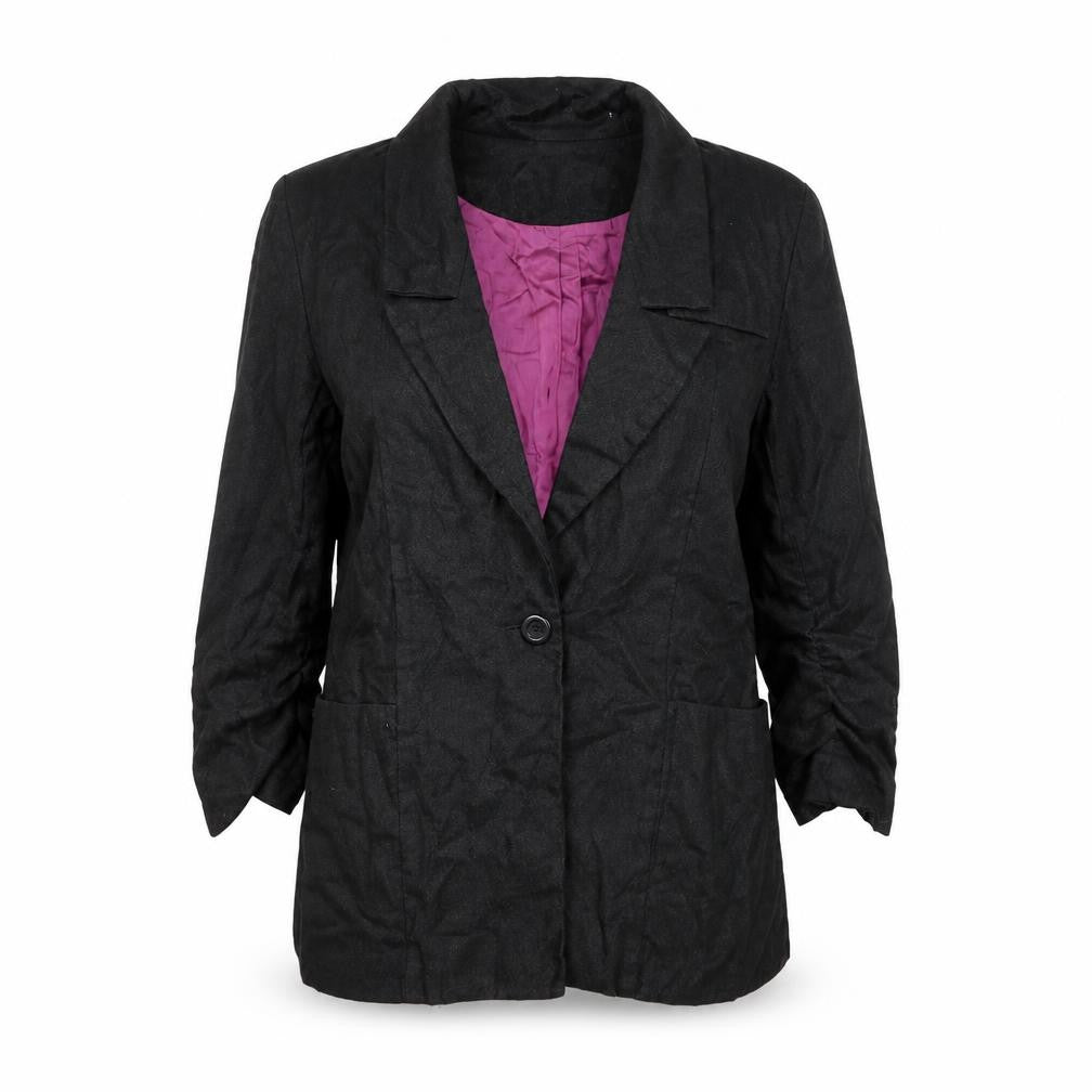 Front view of Liquid women’s black jacket blazer, size S, button - rouched sleeve