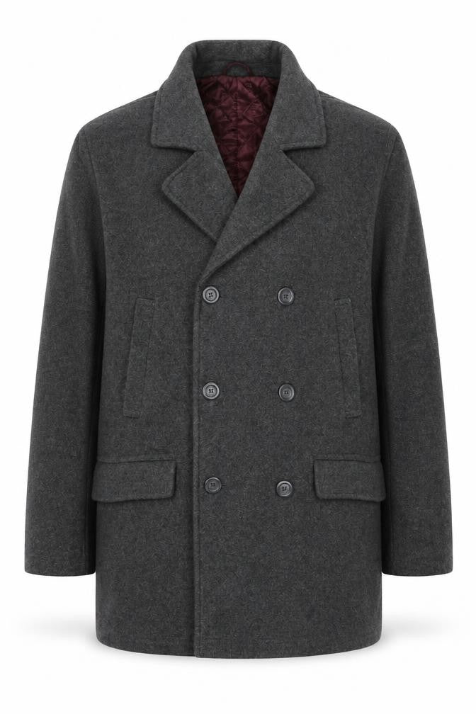 Front view of Cotton Traders men’s grey pea coat coat, size L, button