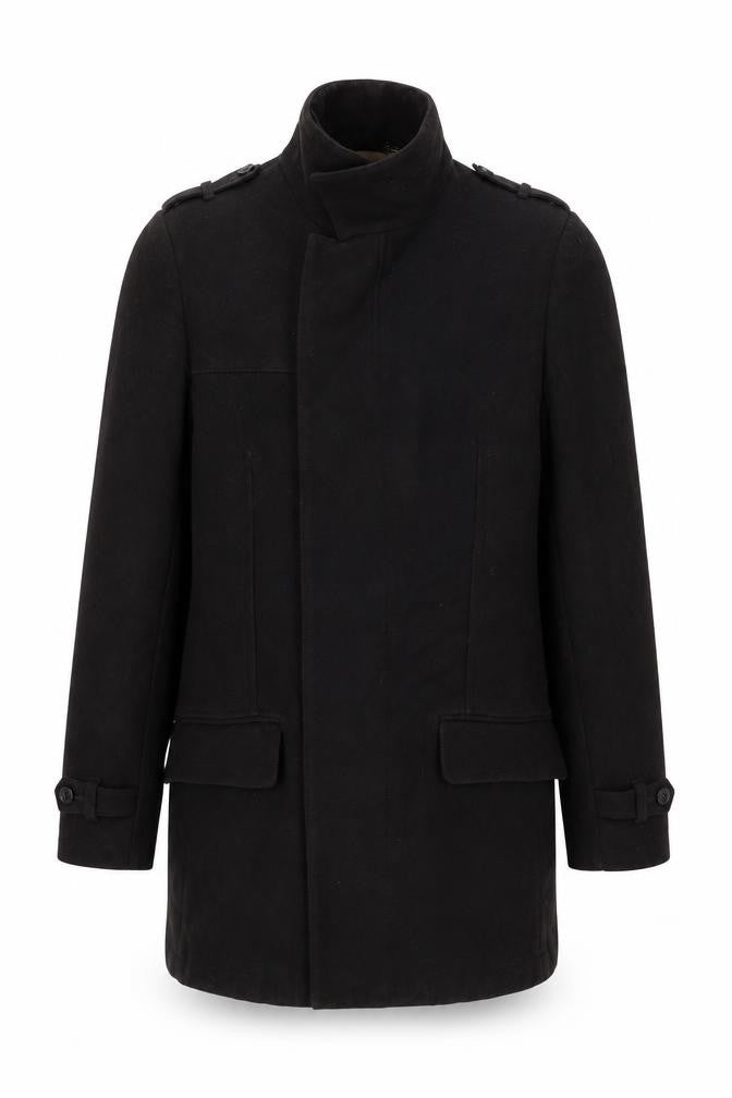 Front view of Linea men’s brown pea coat coat, size M, button