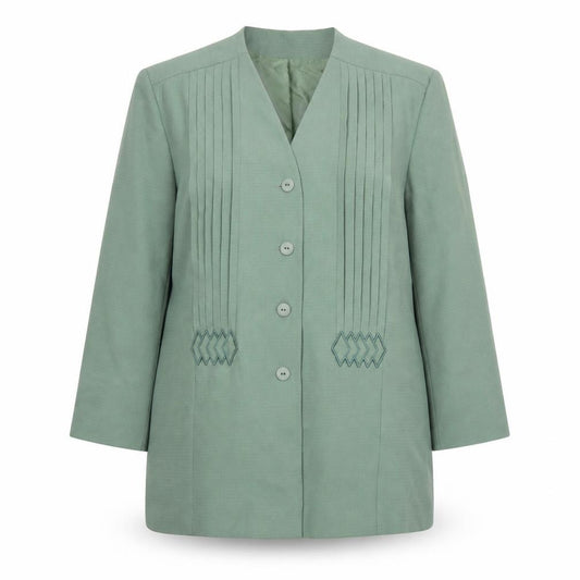 Front view of Fashion Extra women’s green jacket, size UK 20, button - pleated embroidered