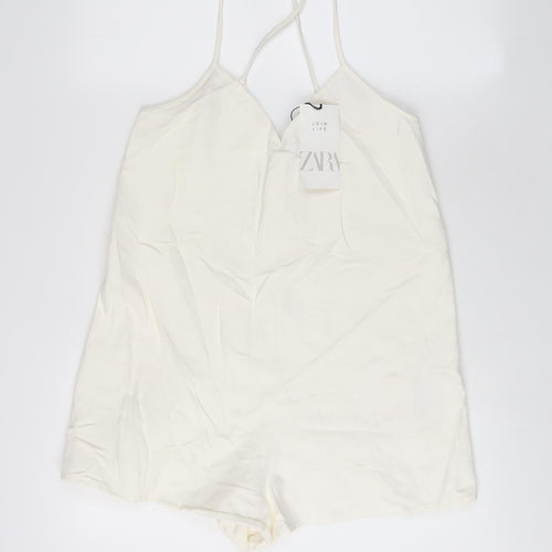 Zara Womens White Cotton Playsuit One-Piece Size M Zip