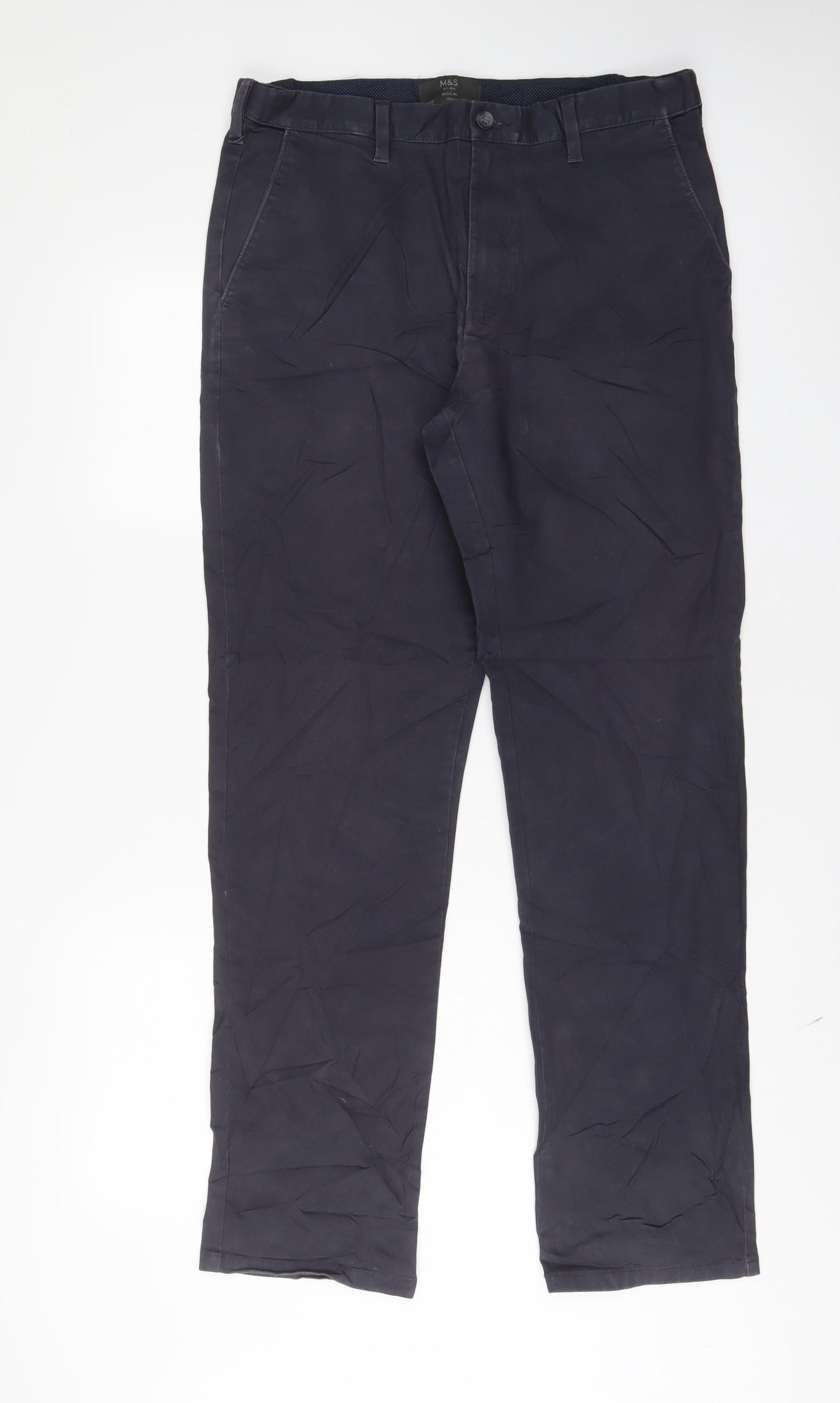 Marks and Spencer Mens Blue Cotton Chino Trousers Size 34 in L33 in Regular Zip