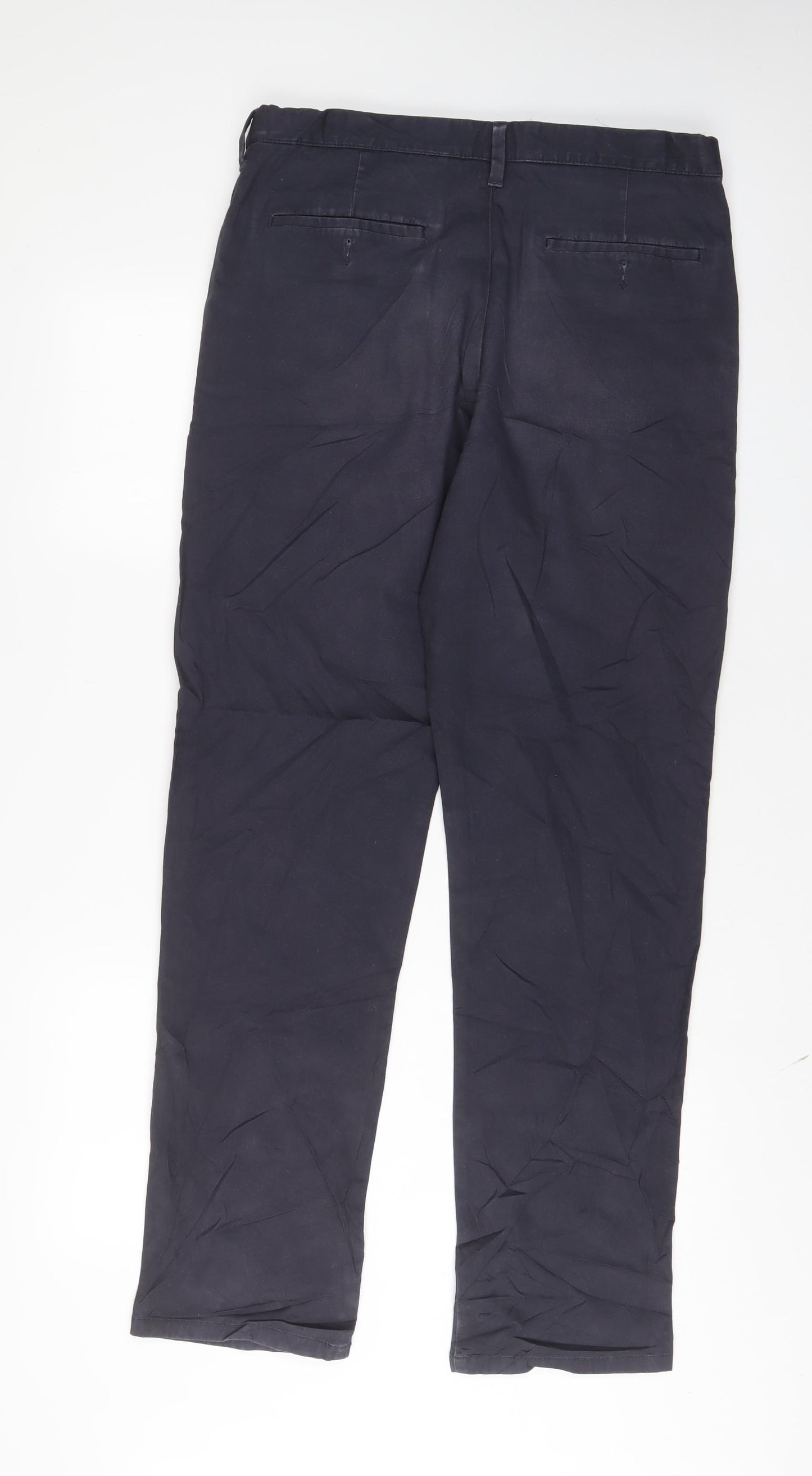 Marks and Spencer Mens Blue Cotton Chino Trousers Size 34 in L33 in Regular Zip