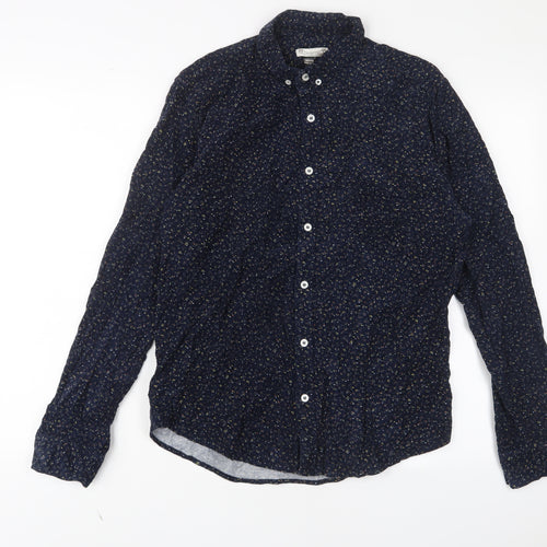 Oxford Lads Mens Blue Geometric Cotton Button-Up Size M Collared Button