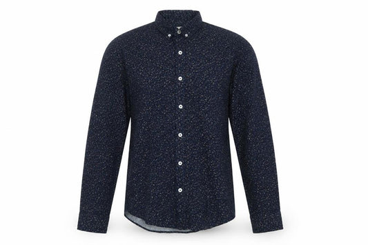 Front view of Oxford Lads men’s blue geometric cotton button-up, size M, collared button