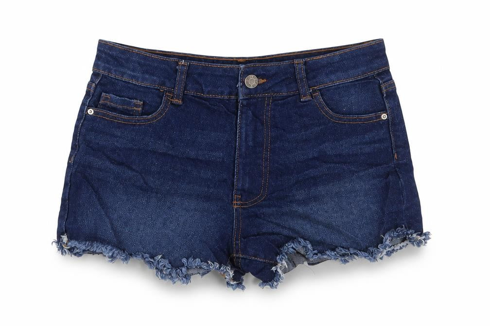 Front view of Denim & Co. women’s blue cotton basic shorts, size UK 8, 3-inch leg regular zip