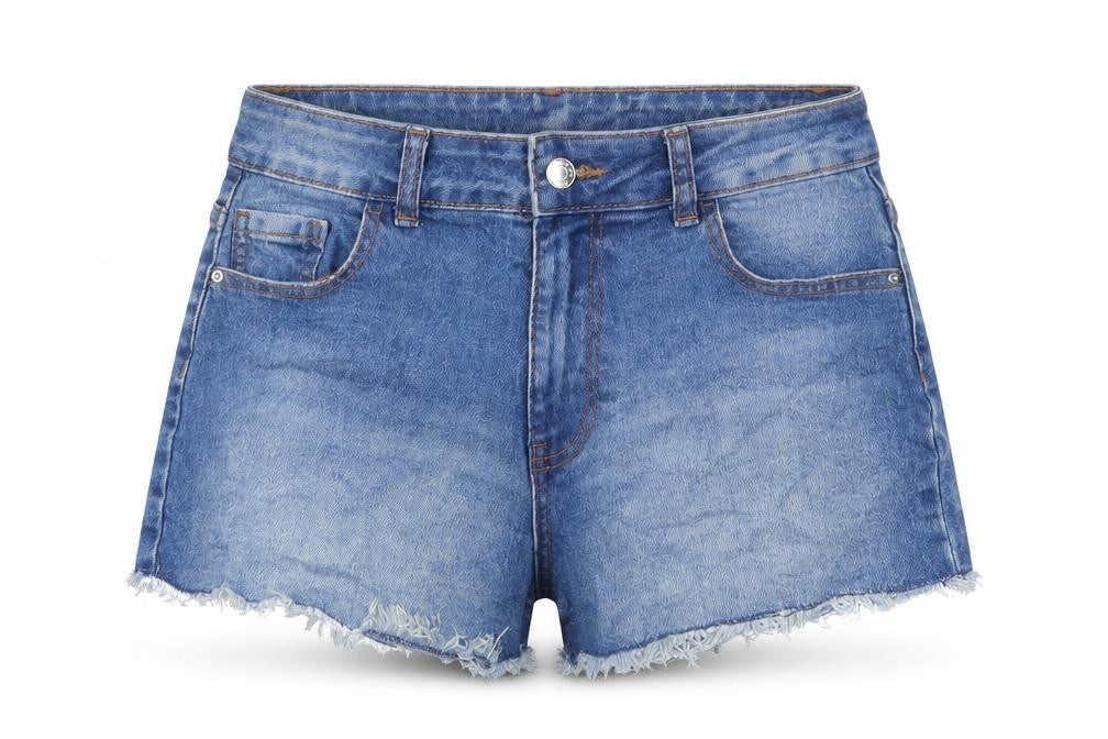 Front view of Denim & Co. women’s blue cotton basic shorts, size UK 8, 3-inch leg regular zip