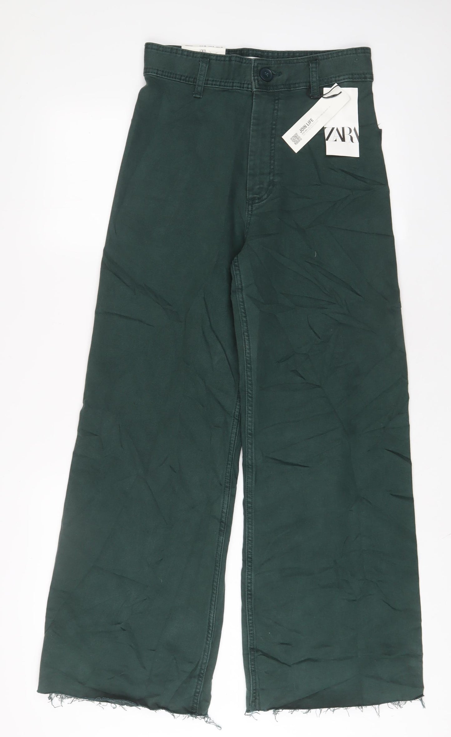 Zara Womens Green Cotton Wide-Leg Jeans Size 10 L30 in Regular Zip