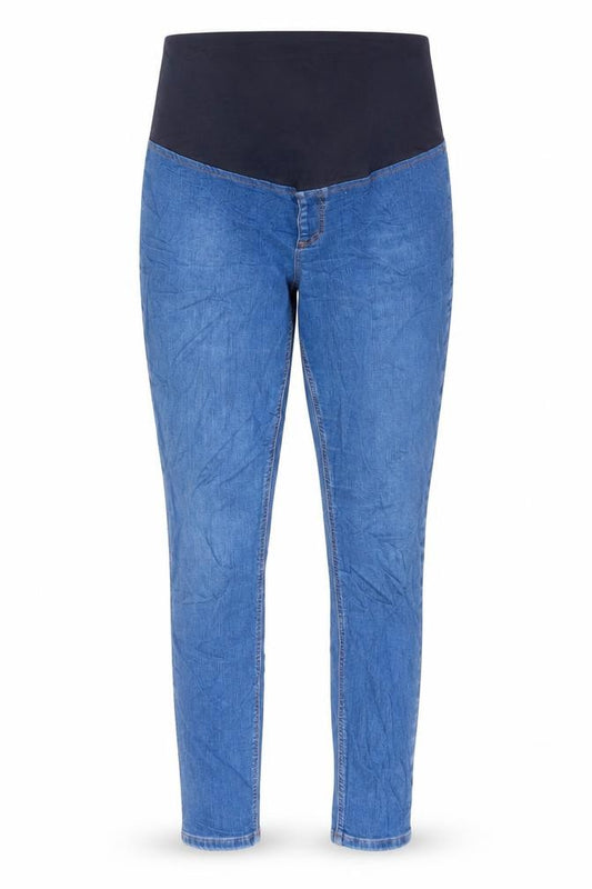 Front view of Topshop women’s blue cotton skinny jeans, size UK 12, 27-inch leg regular - maturnity