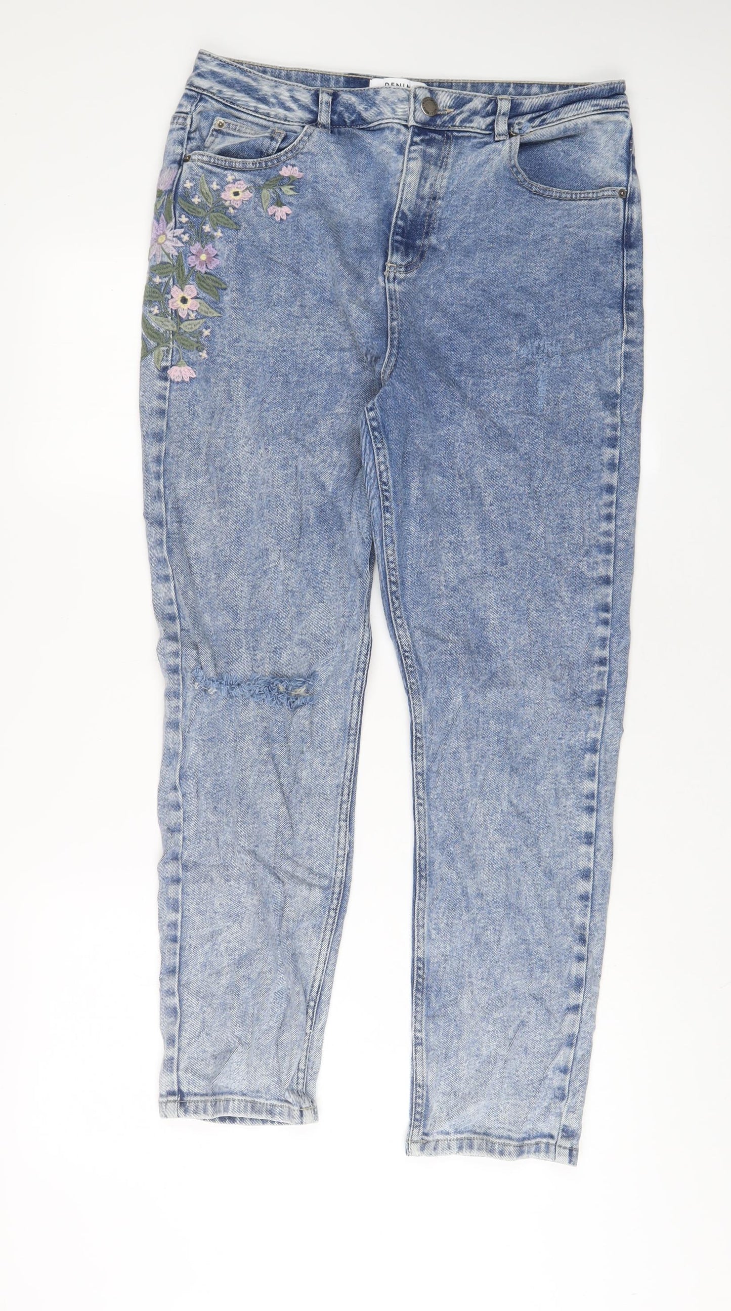 Miss Selfridge Womens Blue Floral Cotton Skinny Jeans Size 14 L29 in Regular Zip - Embroidered