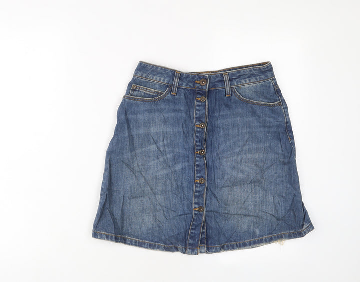 Zara Womens Blue Cotton A-Line Skirt Size S Button