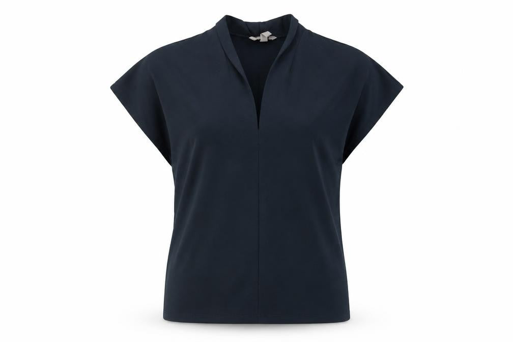 Front view of H&M women’s green polyester basic t-shirt, size S, v-neck