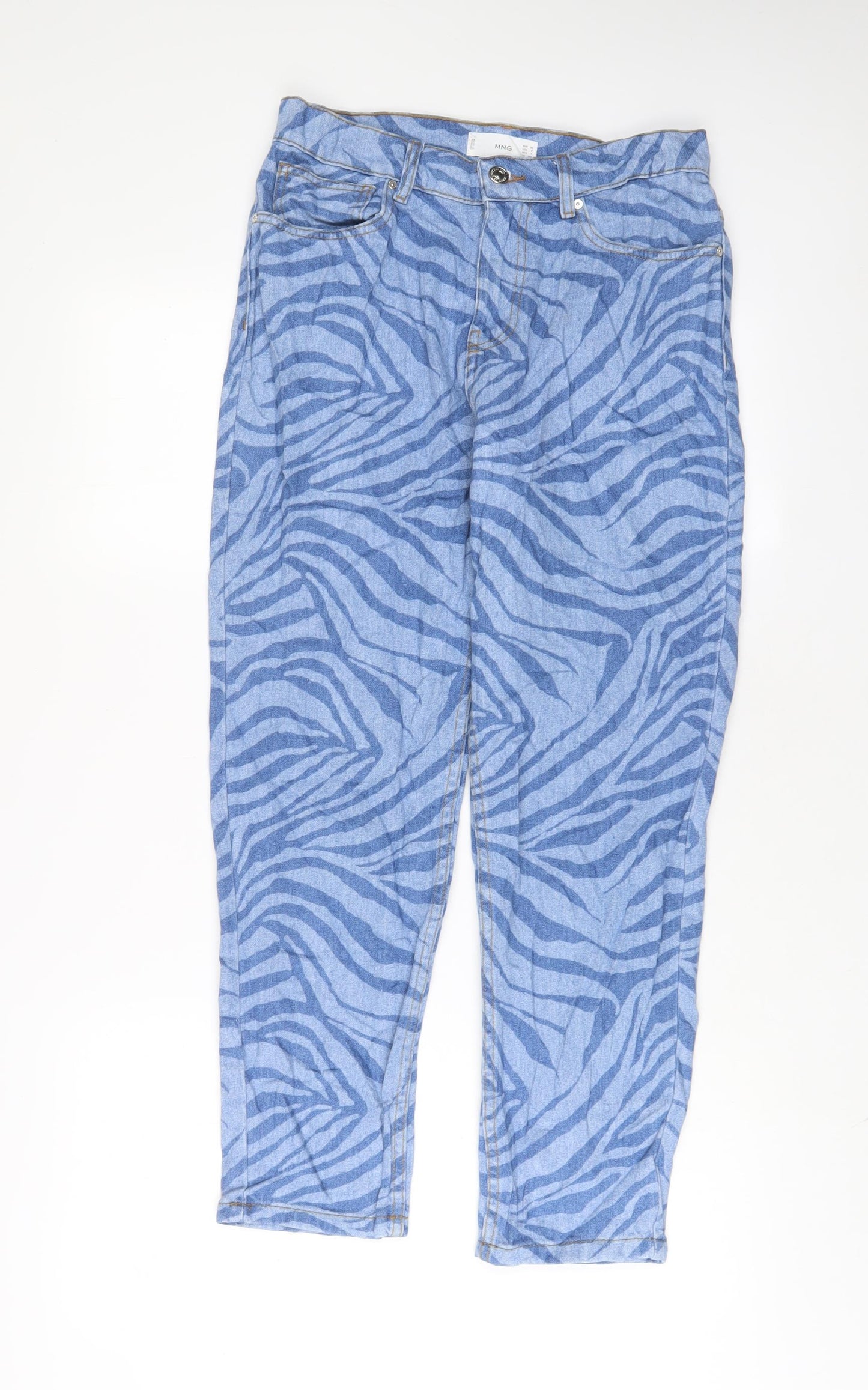Mango Womens Blue Animal Print Cotton Straight Jeans Size 10 L26 in Regular Zip