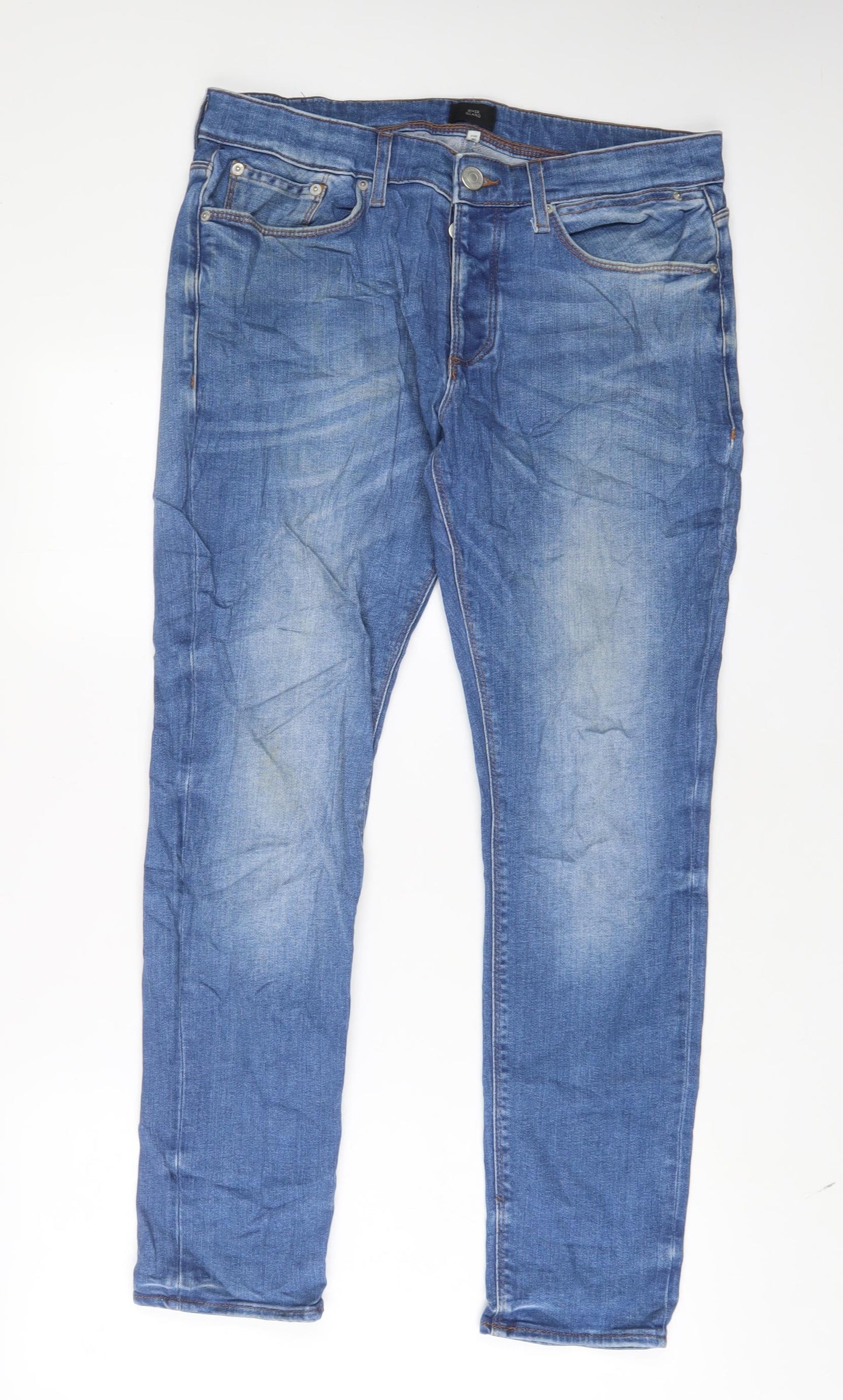 River Island Mens Blue Cotton Straight Jeans Size 34 in L30 in Regular Button