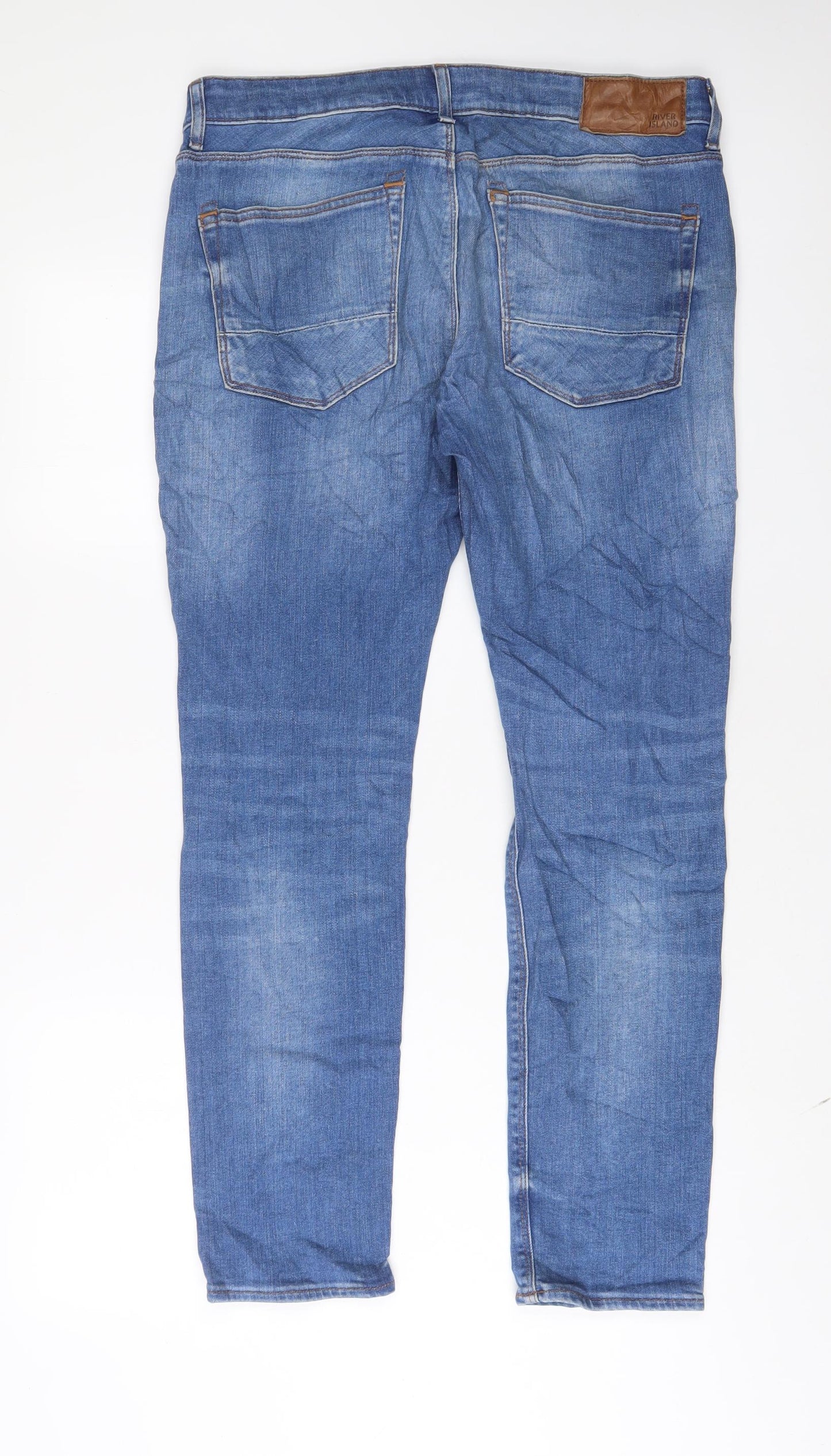 River Island Mens Blue Cotton Straight Jeans Size 34 in L30 in Regular Button