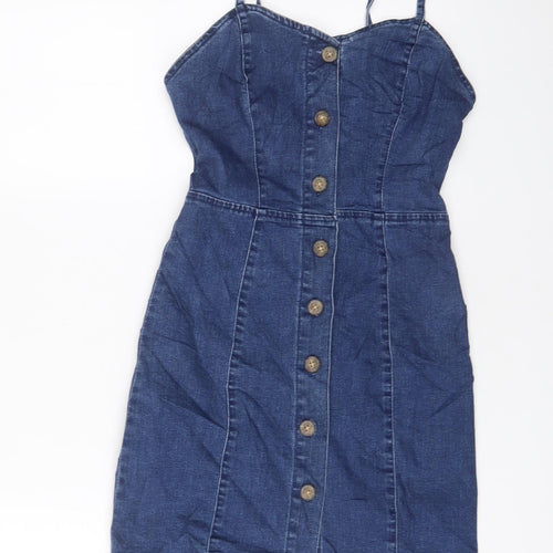 Denim & Co. Womens Blue Cotton A-Line Size 4 V-Neck Button