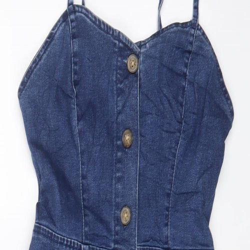 Denim & Co. Womens Blue Cotton A-Line Size 4 V-Neck Button