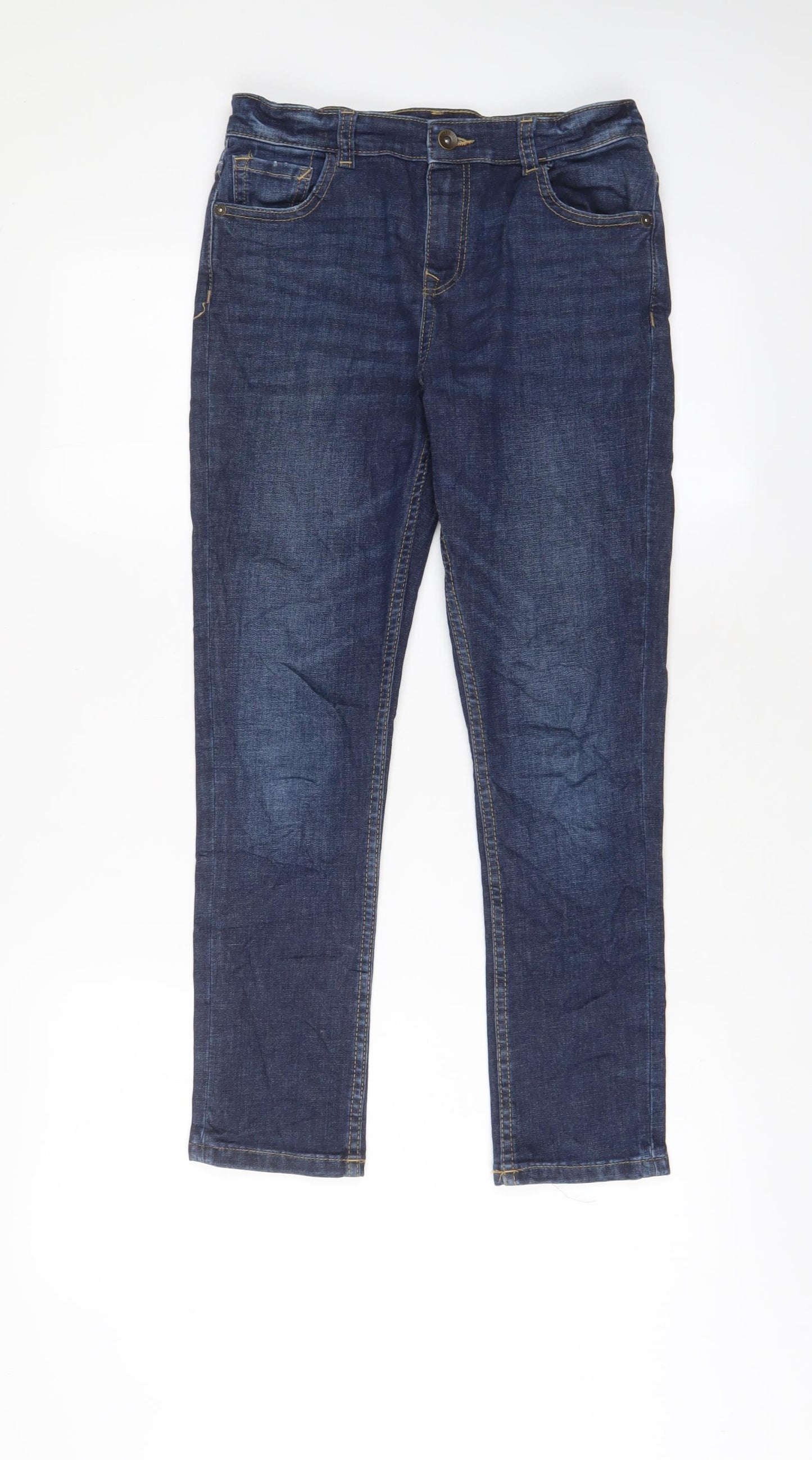 Marks and Spencer Girls Blue Cotton Straight Jeans Size 11-12 Years L26 in Regular Zip - Adjustable waist