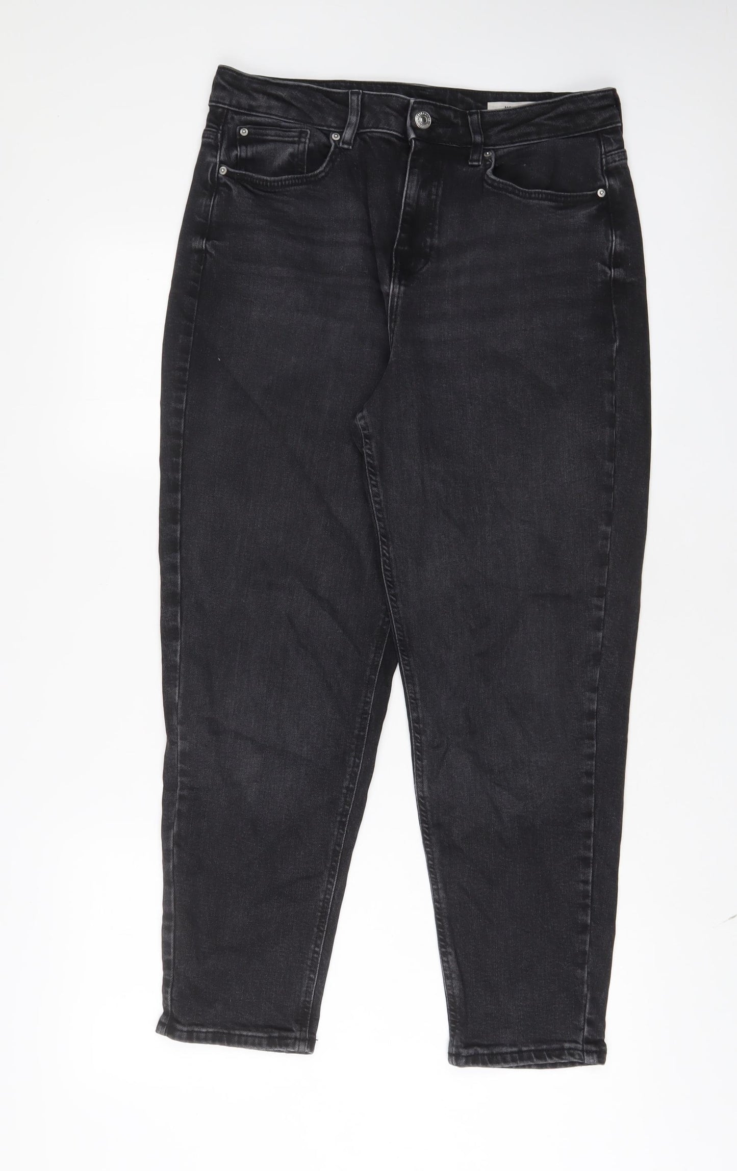 Marks and Spencer Womens Black Cotton Mom Jeans Size 12 L27 in Regular Zip