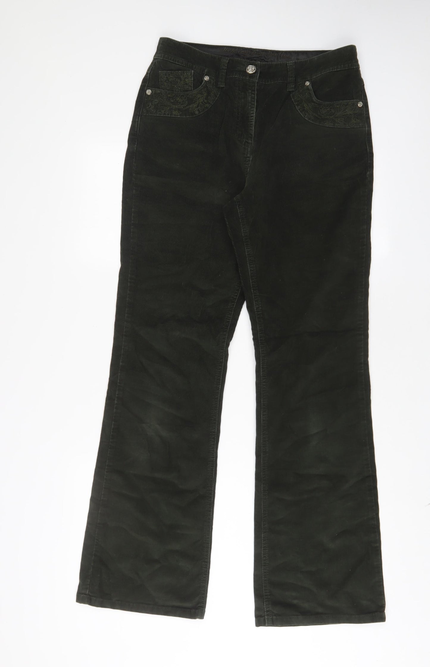 Per Una Womens Green Cotton Trousers Size 10 L32 in Regular Zip - Embroidered