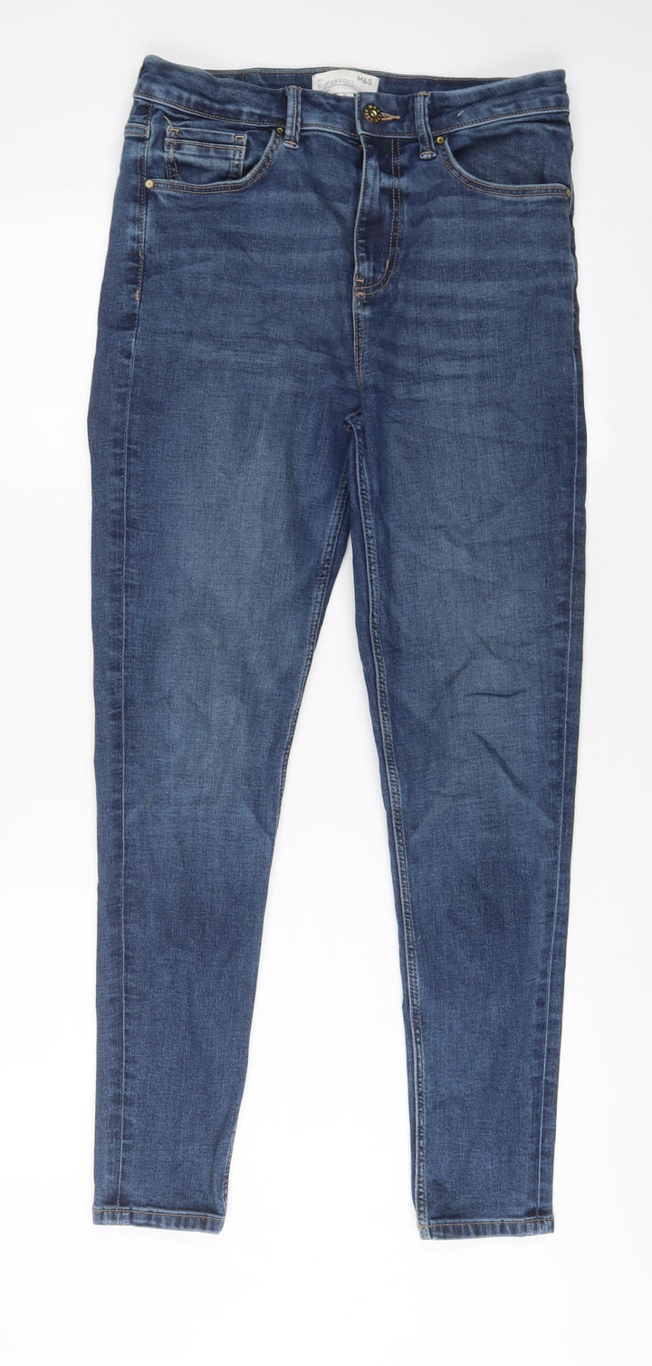 Marks and Spencer Womens Blue Cotton Skinny Jeans Size 12 L29 in Regular Zip