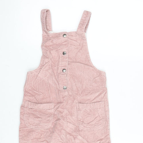 F&F Girls Pink Cotton Pinafore/Dungaree Dress Size 6-7 Years Square Neck Snap