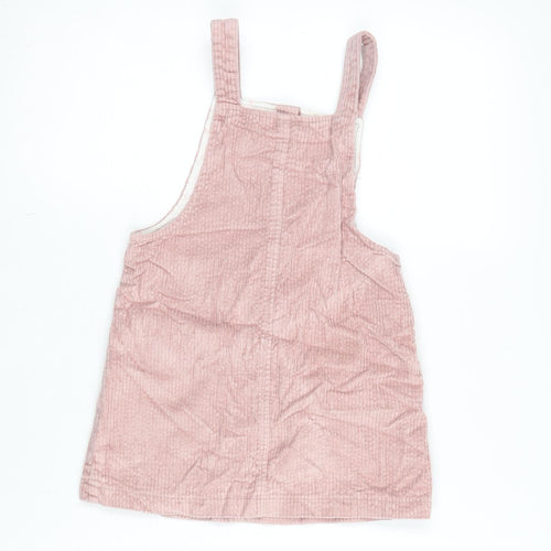 F&F Girls Pink Cotton Pinafore/Dungaree Dress Size 6-7 Years Square Neck Snap