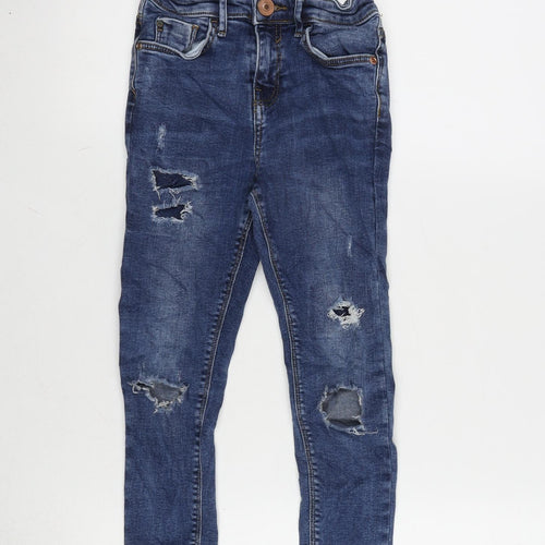 River Island Girls Blue Cotton Tapered Jeans Size 9 Years L20.5 in Regular Zip - Distressed .