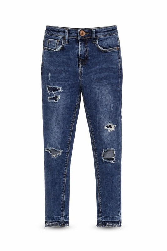 Front view of River Island girls’ blue cotton tapered jeans, size 9, years, 20.5-inch leg regular zip - distressed .