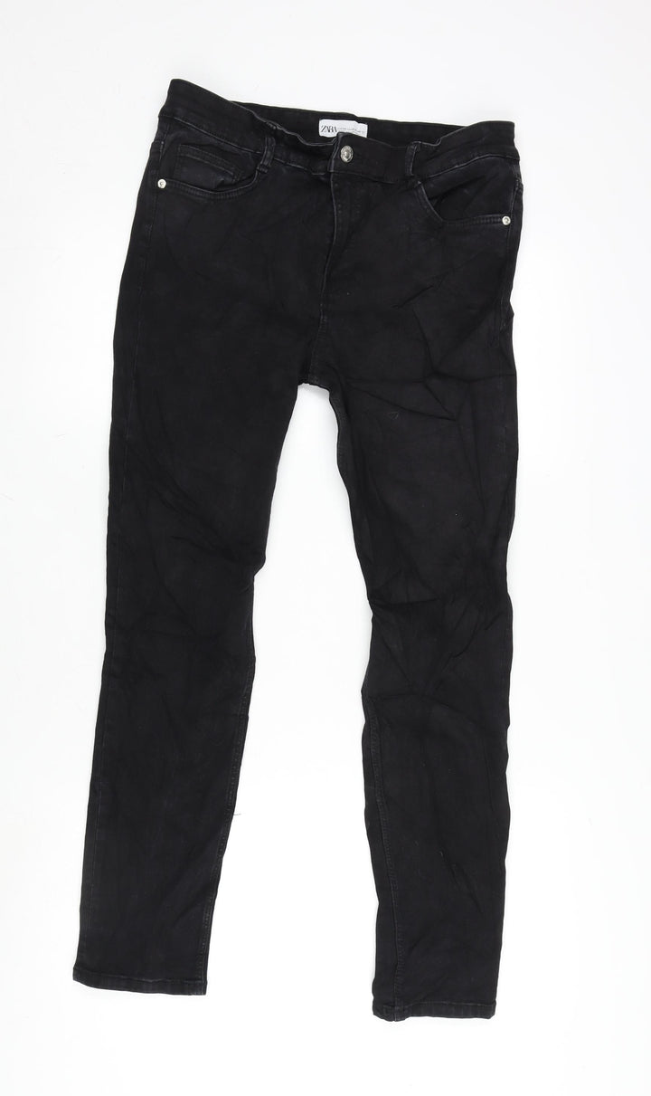 Zara Womens Black Cotton Blend Tapered Jeans Size 12 L28 in Regular Zip