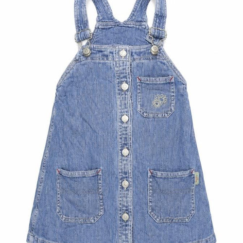 Adams Girls Blue Cotton Pinafore/Dungaree Dress Size 4 Years Square Neck Snap - Adjustable Straps