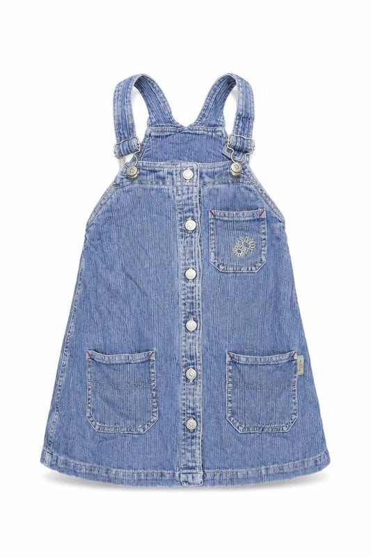 Front view of Adams girls’ blue cotton pinafore/dungaree dress, size 4, years square neck snap - adjustable straps
