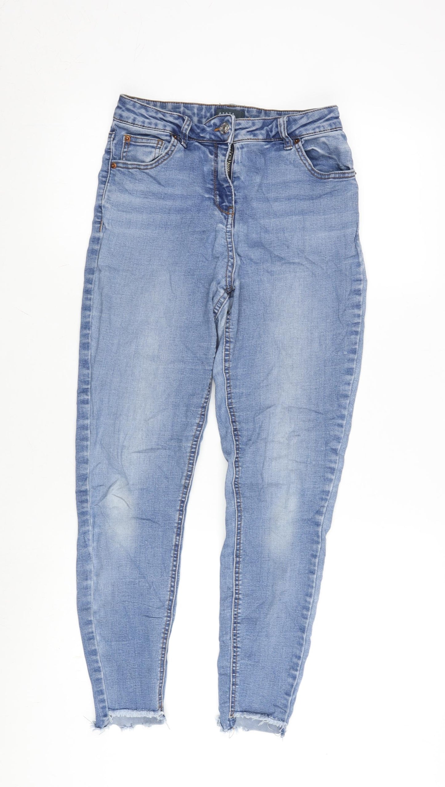 Matalan Womens Blue Cotton Blend Tapered Jeans Size 12 L28.5 in Regular Zip - Raw Hem