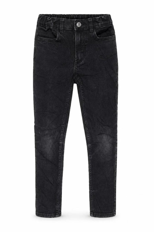 Front view of H&M girls’ grey cotton tapered jeans, size 7-8, years, 20-inch leg regular zip