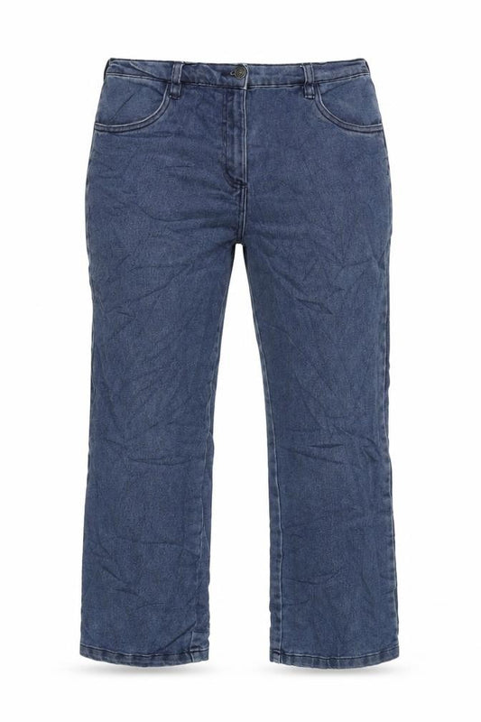 Front view of BM Denim women’s blue cotton blend cropped jeans, size UK 12, 26-inch leg regular zip