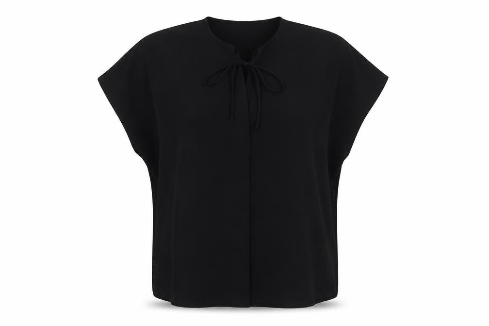 Front view of Marks & Spencer women’s black polyester basic t-shirt, size UK 14, v-neck