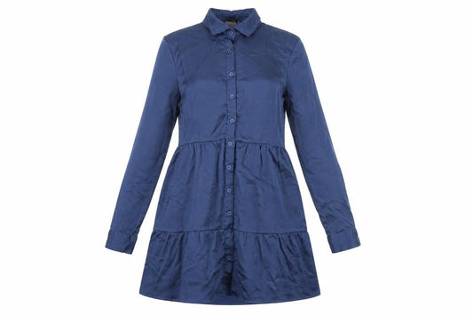 Front view of Missguided women’s blue polyester shirt dress, size UK 12, collared button