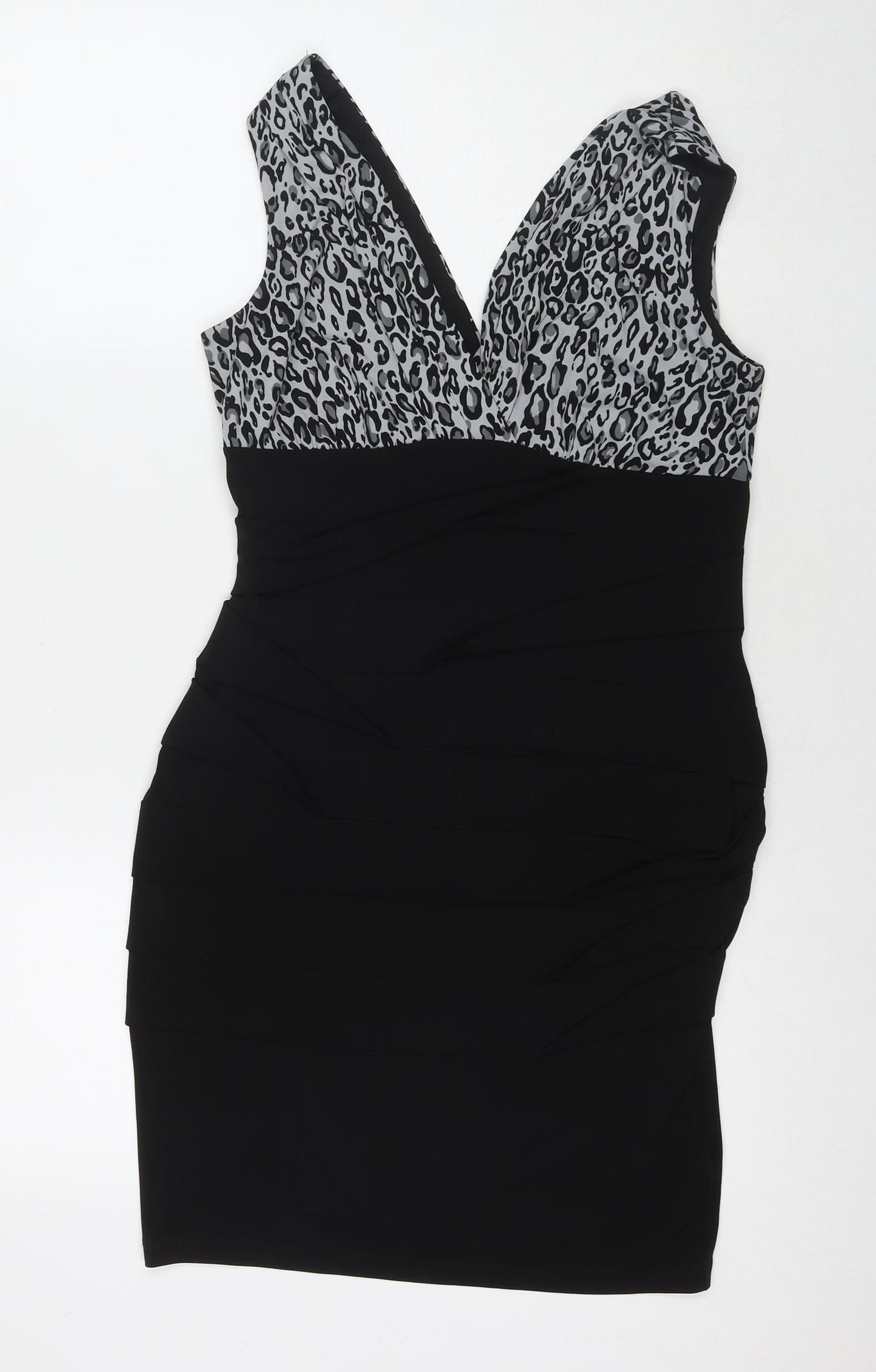 En Focus Studio Womens Black Animal Print Polyester A-Line Size 10 V-Neck Pullover - Leopard Print