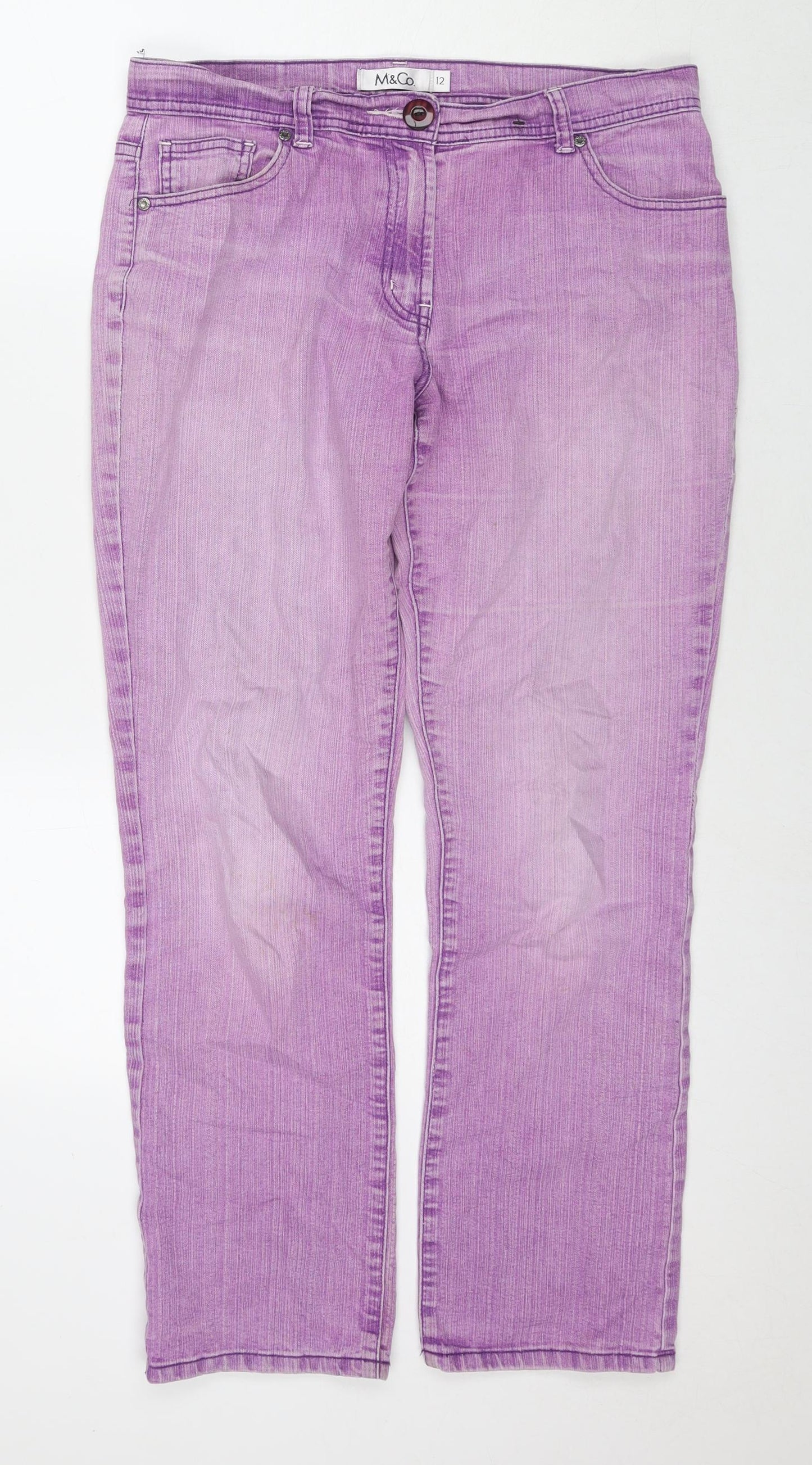 M&Co Womens Purple Cotton Straight Jeans Size 12 L30 in Regular Zip