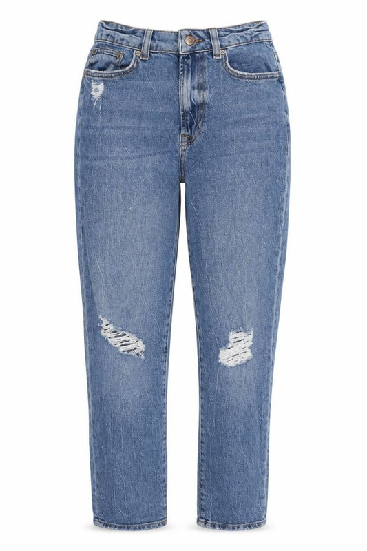Front view of New Look women’s blue cotton mom jeans, size UK 10, 26-inch leg regular zip