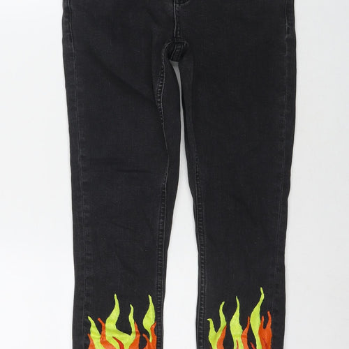 ASOS Womens Black Cotton Skinny Jeans Size 24 in L23 in Regular Zip - Flames Detail