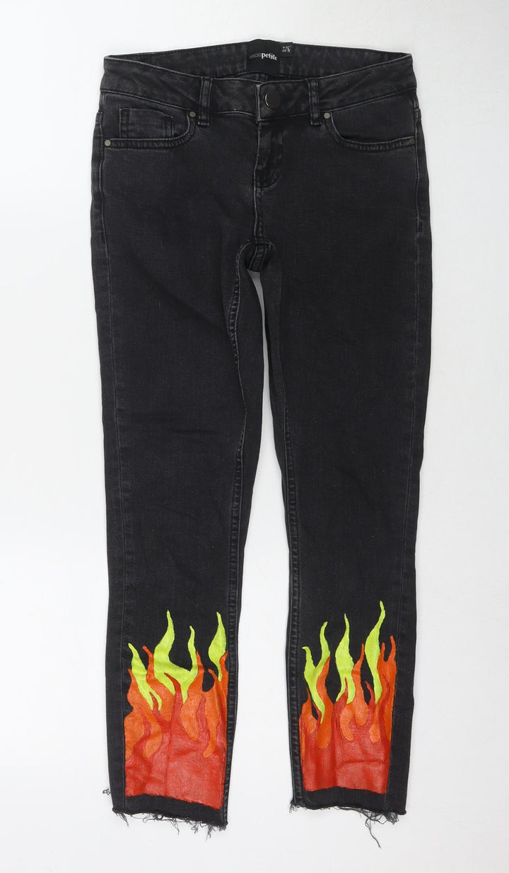 ASOS Womens Black Cotton Skinny Jeans Size 24 in L23 in Regular Zip - Flames Detail