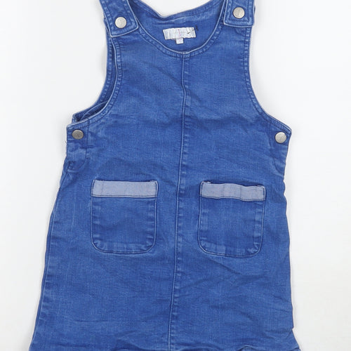 Jasper Conran Girls Blue Cotton Pinafore/Dungaree Dress Size 6 Years Round Neck Snap