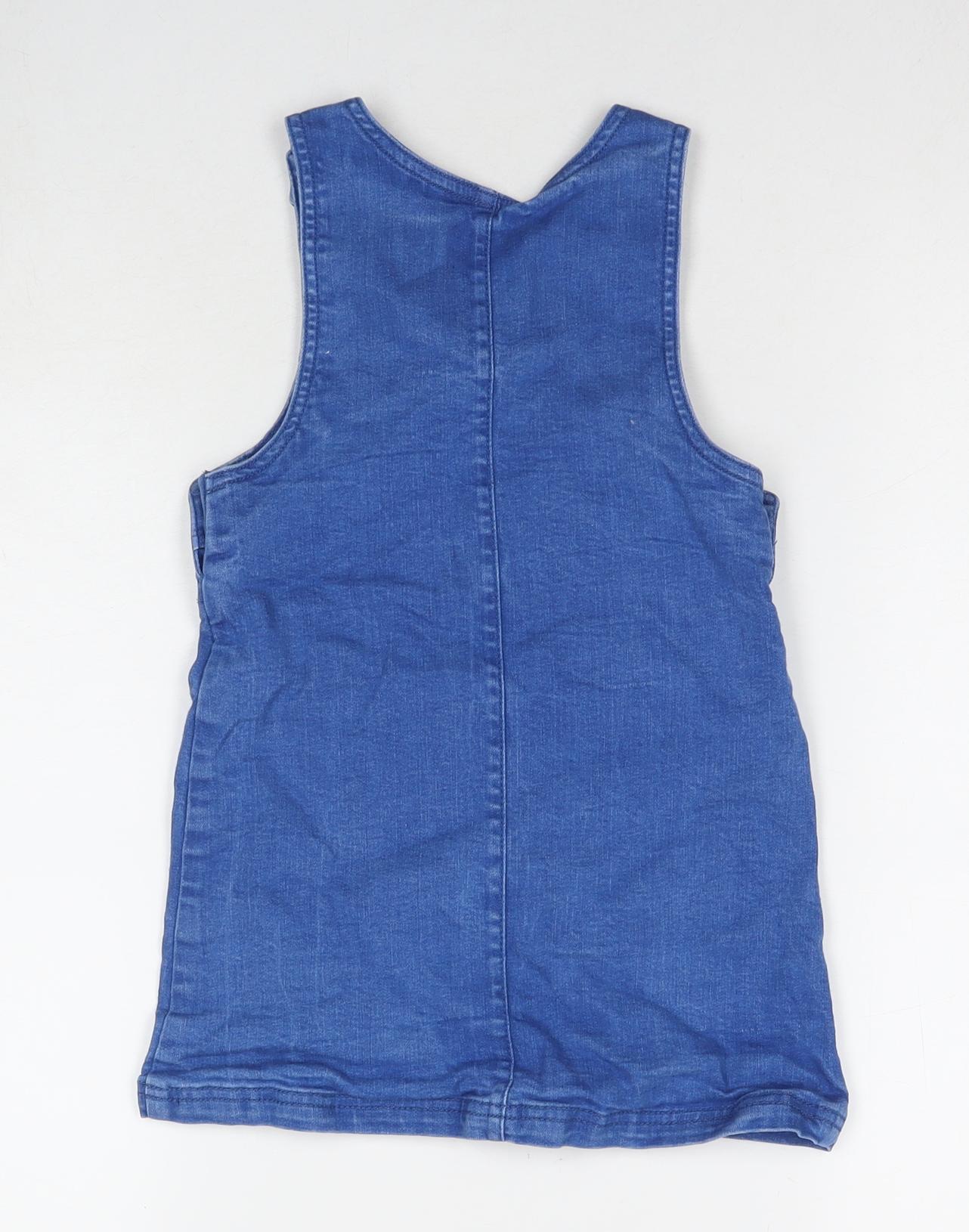 Jasper Conran Girls Blue Cotton Pinafore/Dungaree Dress Size 6 Years Round Neck Snap