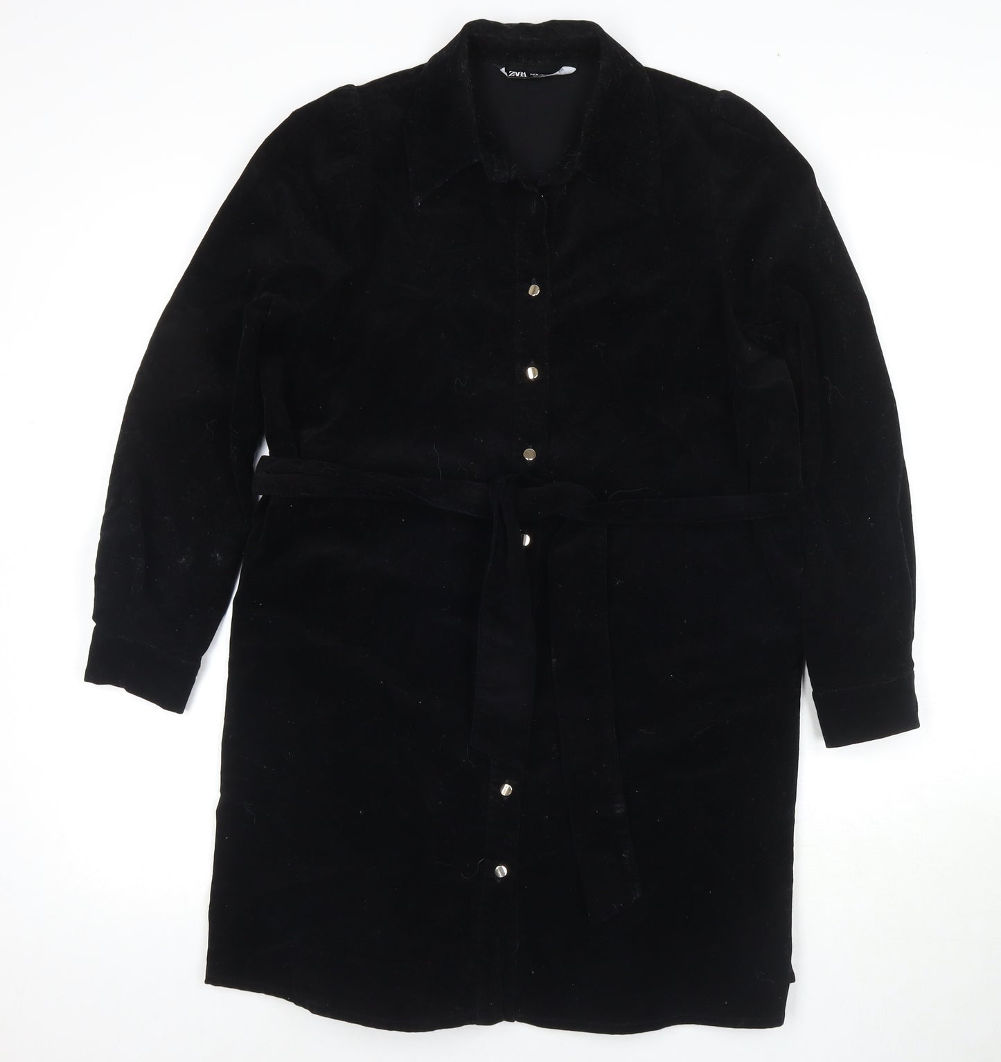 Zara Womens Black Cotton Shirt Dress Size M Collared Button
