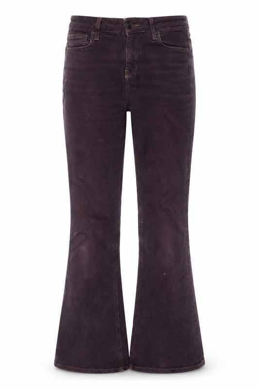 Front view of Topshop women’s purple cotton flared jeans, size UK 26, in, 30-inch leg regular zip