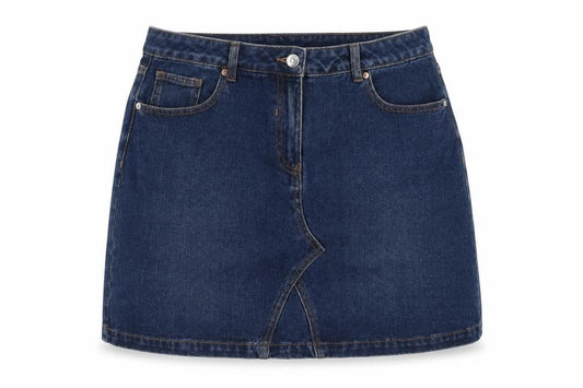 Front view of Papaya women’s blue cotton a-line skirt, size UK 12, zip