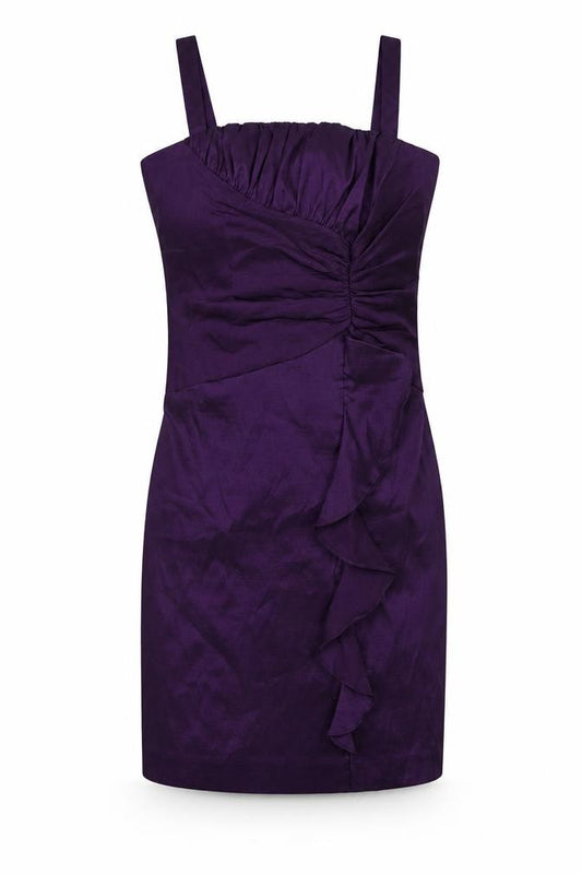 Front view of R&M Richards women’s purple polyester bodycon, size UK 12, square neck zip