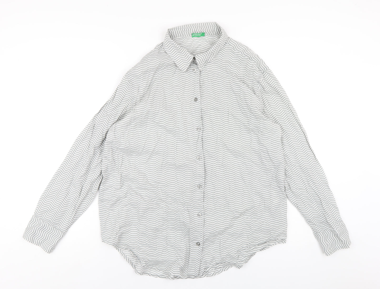 United Colors of Benetton Womens Grey Striped Cotton Basic Button-Up Size L Collared